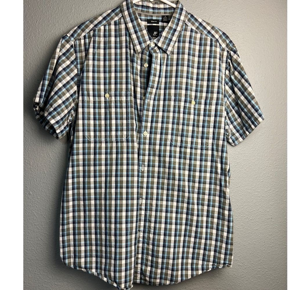 J. Ferrar Men Slim Fit Plaid Casual Short Sleeve Button Down Shirt Blue Green XL